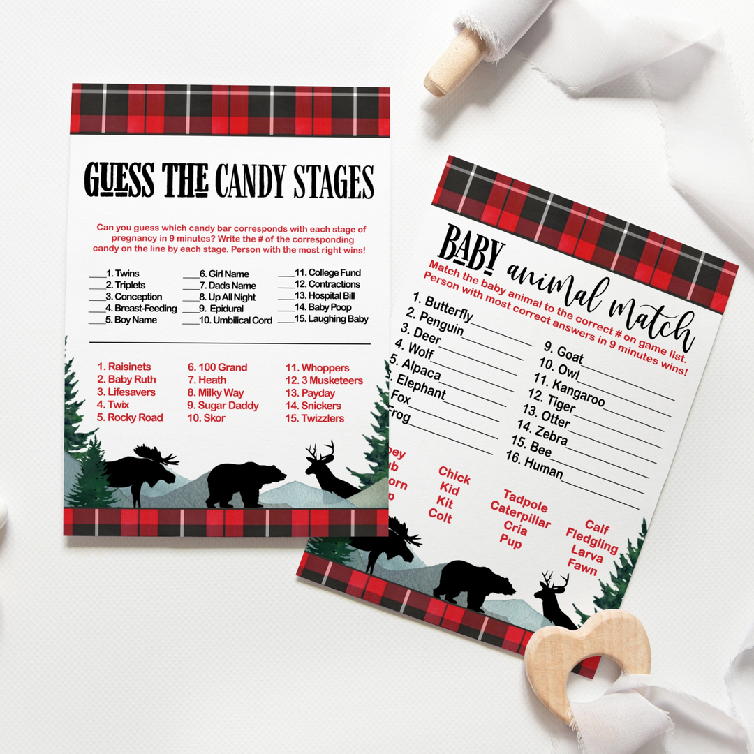 Lumberjack Baby Shower Game Set, Animal Matching and Candy Bar Guessing, Rustic Red & Black - Paper Clever Party