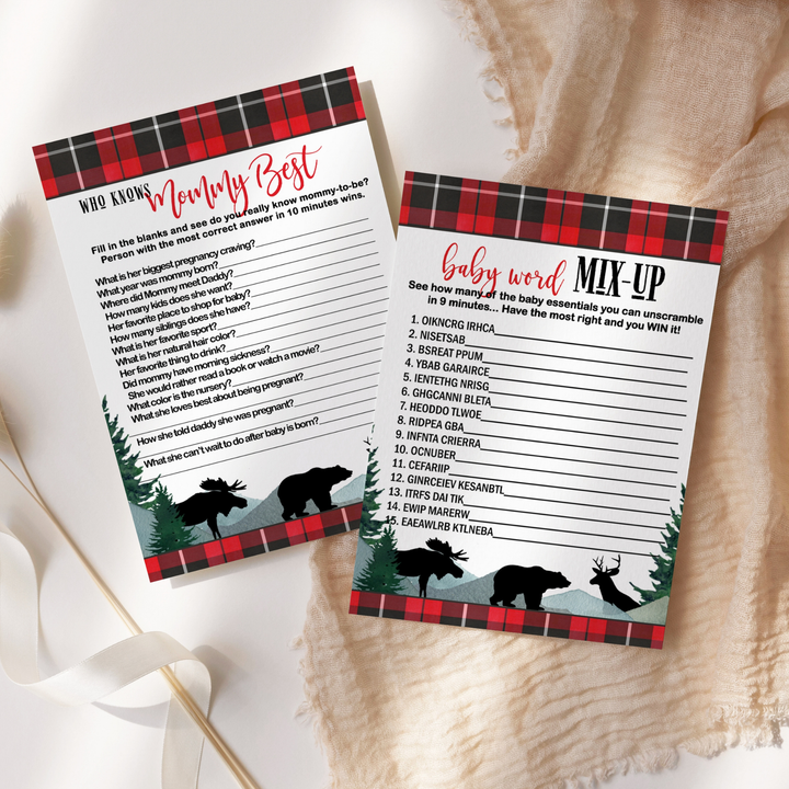 Lumberjack Baby Shower Game Set, Mommy Best and Word Scramble, Rustic Red & Black - Paper Clever Party