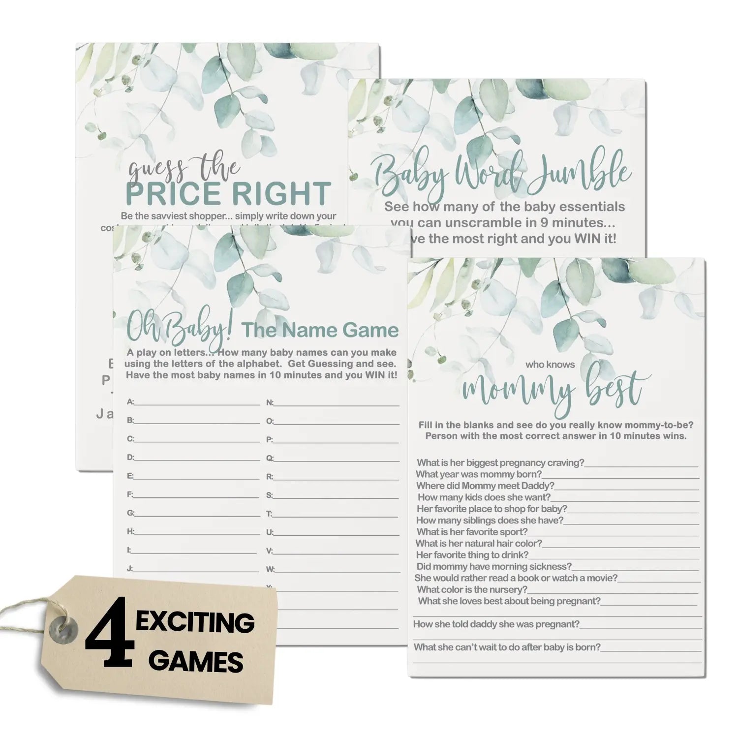 Botanical bliss - eucalyptus & gold baby shower game set 5x7 double-sided cards (25 ct) - party games