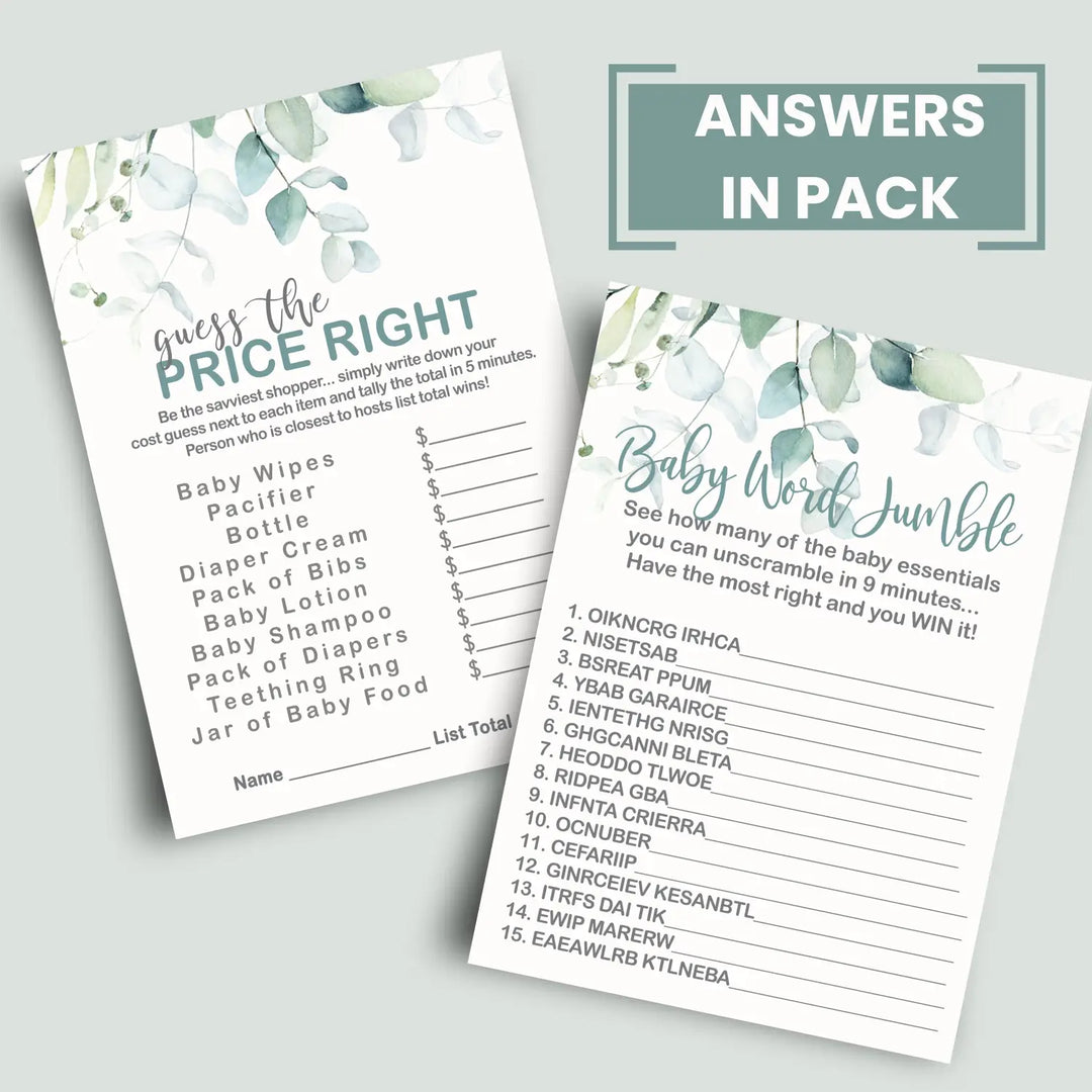 Botanical Bliss - Eucalyptus & Gold Baby Shower Game Set, 5x7 Double-Sided Cards (25 ct)