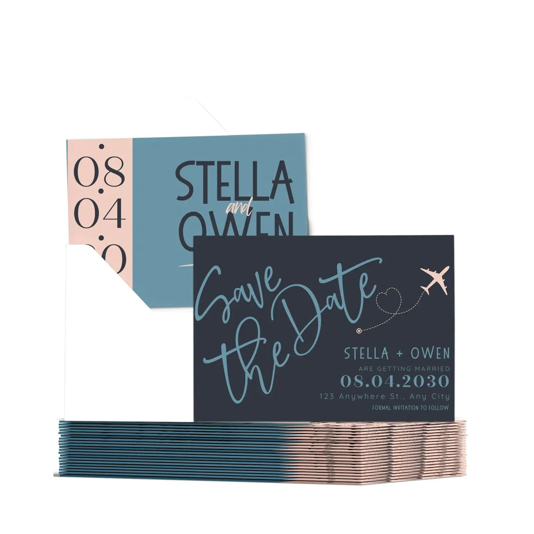 Custom Blush, Black, and Blue Save the Date Cards - Personalized 4x6 Inch Invitations with Elegant Typography and White Envelopes - Perfect for Weddings, Birthdays, and Showers