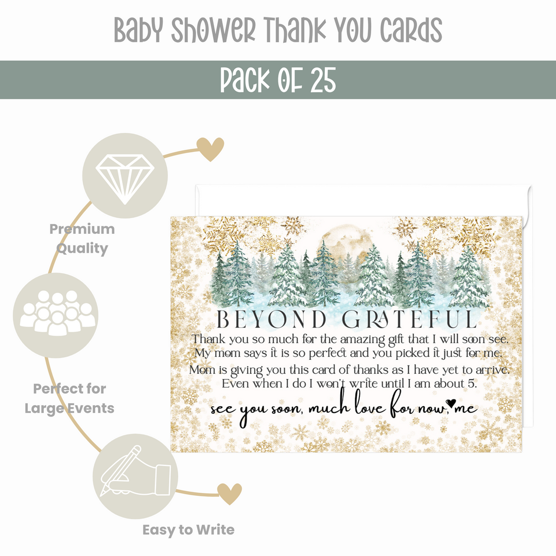 Baby Shower Thank You Cards – Winter Wonderland Notecards with Envelopes (Pack of 25) - Paper Clever Party