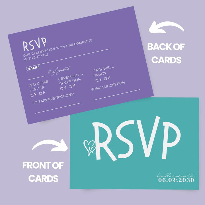 Custom Teal Blue and Purple RSVP Cards - Premium 120lb Cardstock, Elegant Calligraphy, 4x6 Inch Size, Personalized Dates & Names