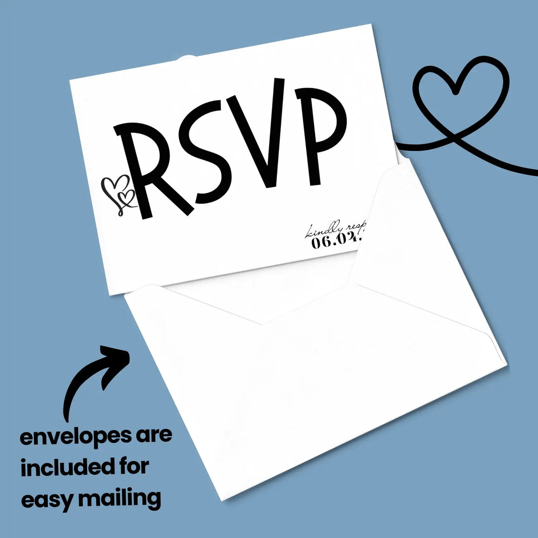 Custom Black and White RSVP Cards - Premium 120lb Cardstock, Elegant Calligraphy, 4x6 Inch Size, Personalized Dates & Names, Includes Event Details