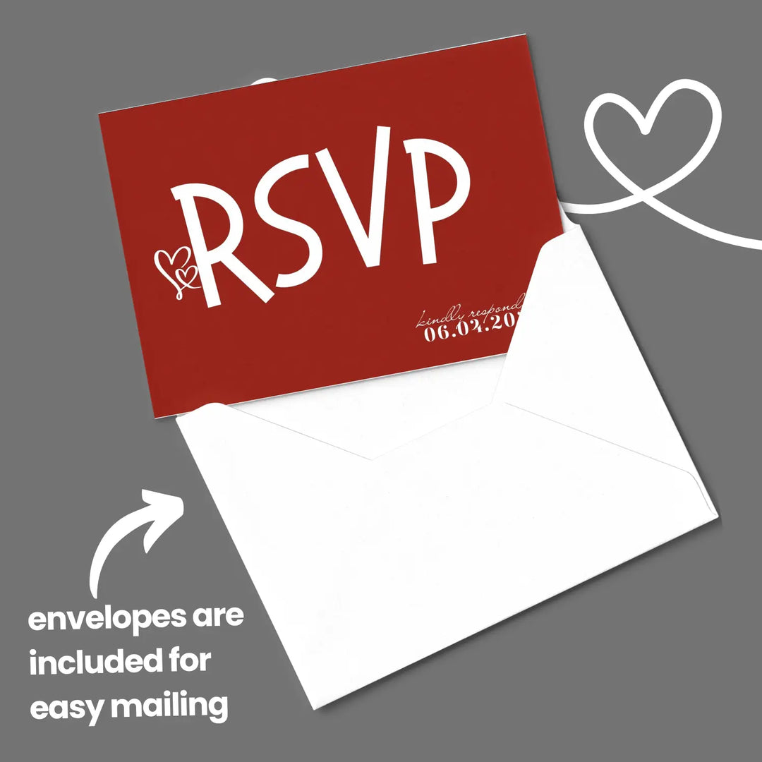 Custom Retro Red RSVP Cards with Elegant White Calligraphy - Premium Card Stock, 4x6 Inch Size