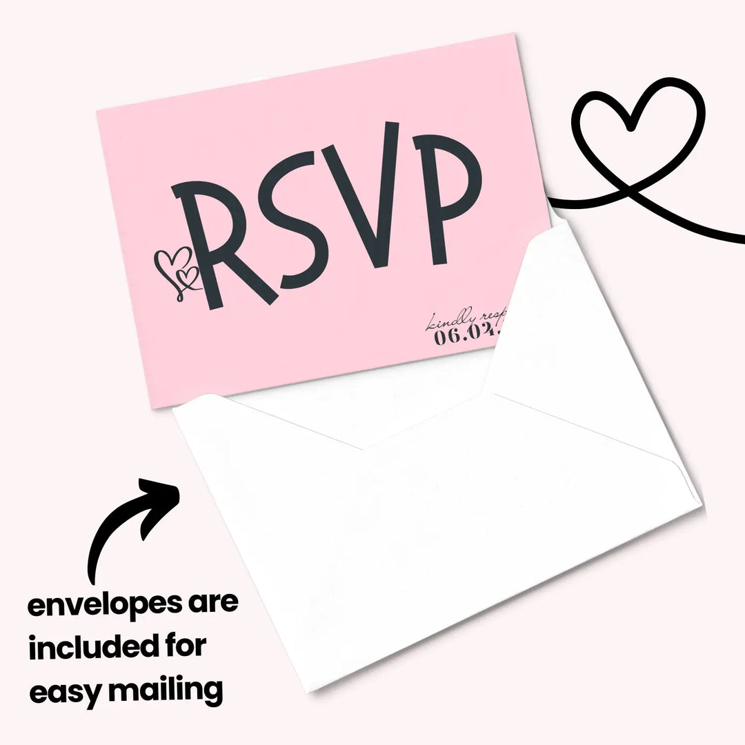 Custom Pink RSVP Cards with Elegant Black Calligraphy - Premium Card Stock, 4x6 Inch Size