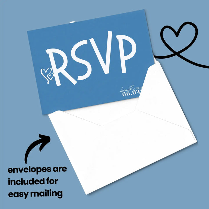 Custom Denim Blue RSVP Cards with Elegant White Calligraphy - Premium Card Stock, 4x6 Inch Size