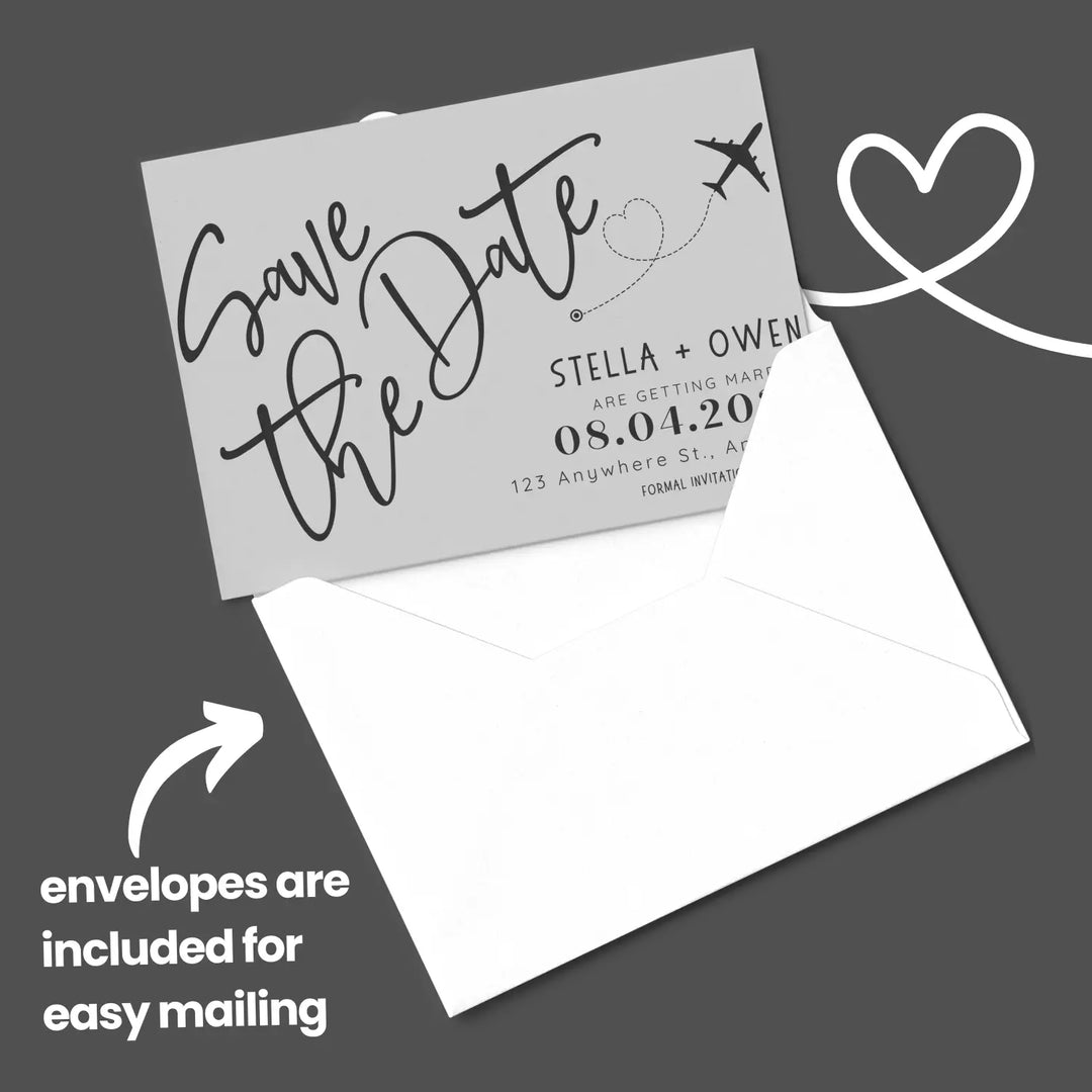 Custom grey and black save the date cards - personalized 4x6 inch invitations with elegant typography white envelopes