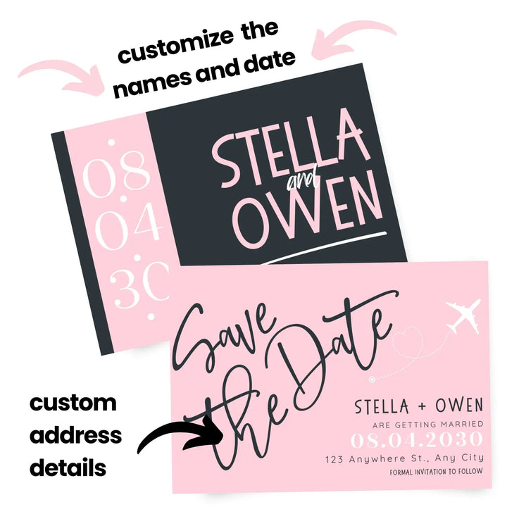 Custom Peony Pink and Black Save the Date Cards - Personalized 4x6 Inch Invitations with Elegant Typography and White Envelopes - Perfect for Weddings, Birthdays, and Showers