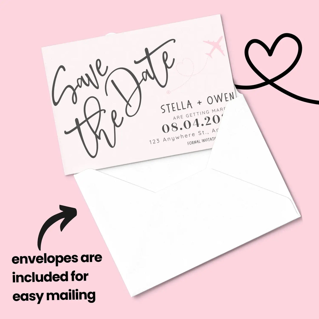 Custom Pink and White Save the Date Cards - Personalized 4x6 Inch Invitations with Elegant Typography and White Envelopes - Perfect for Weddings, Birthdays, and Showers