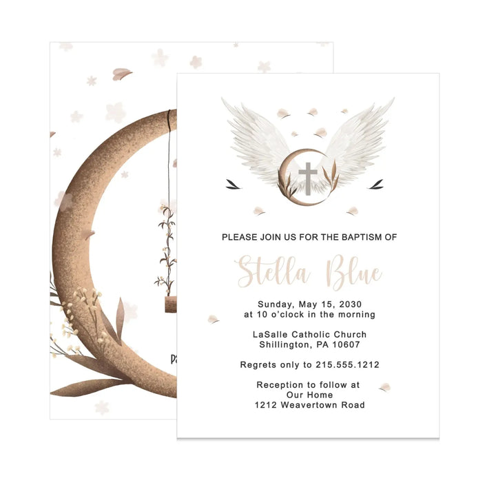 Personalized heaven sent baptism invitations - rustic 5x7 celebration of life cards - elegant angel wings design