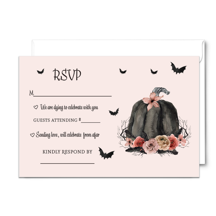 Halloween RSVP Cards - Spooky Chic Gothic Pink & Black Pumpkin Design with Spiders and Floral - Set of 25 - Paper Clever Party