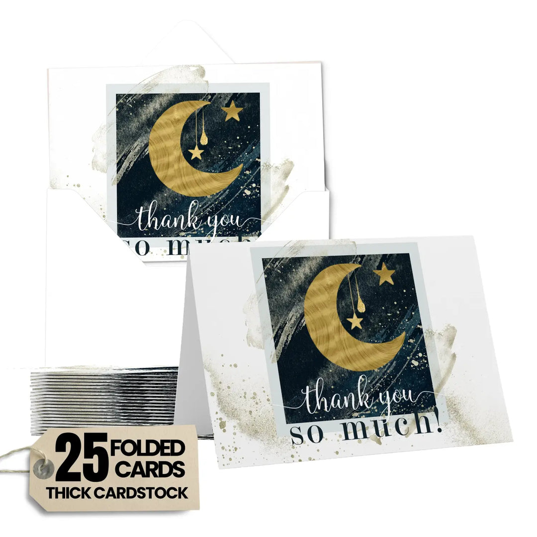 Celestial Star & Moon Themed Thank You Cards - 25-Pack, Blue and Gold Notecards with Envelopes