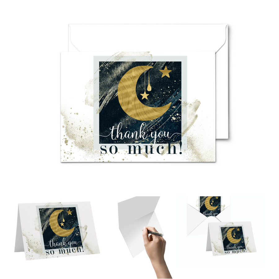 Celestial Star & Moon Themed Thank You Cards - 25-Pack, Blue and Gold Notecards with Envelopes - Paper Clever Party