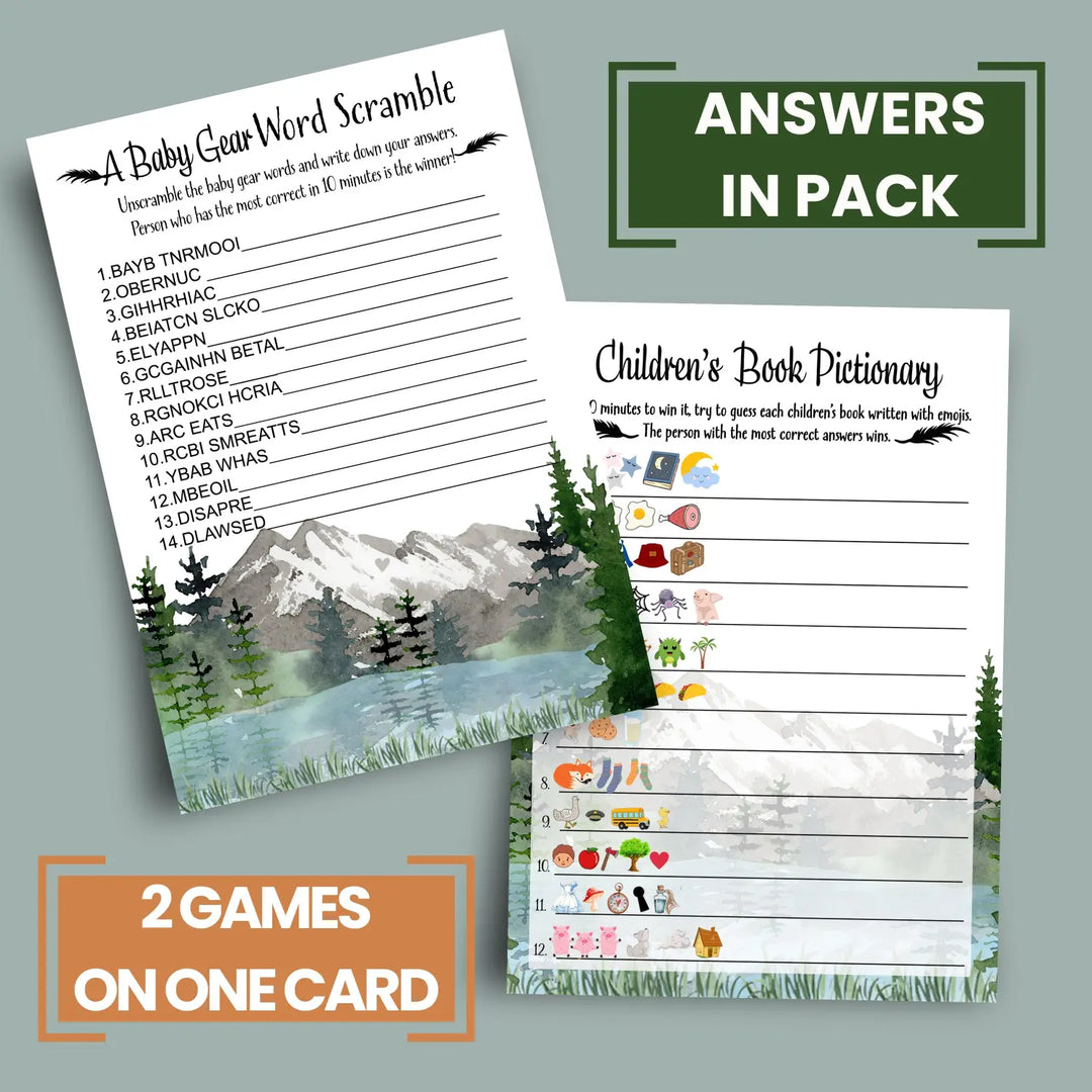 Adventure Awaits Baby Shower Game Set with Pictograms and Word Scramble, Mountain Themed, 5x7 Cards (25 ct)