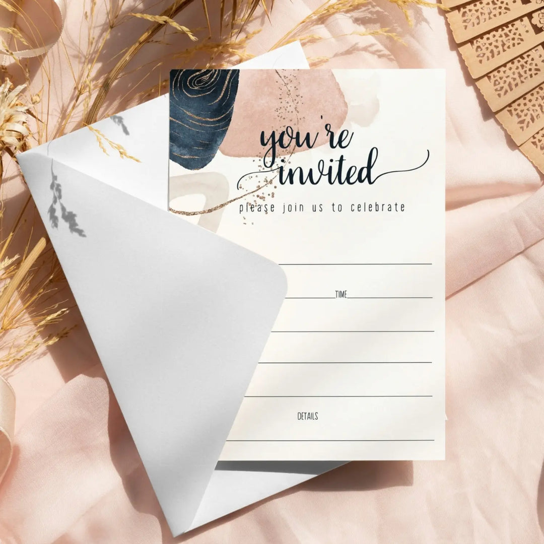 Navy Blue and Pink Watercolor Invitations with Envelopes, 25 Pack, 5x7 Blank Cards for All Occasions