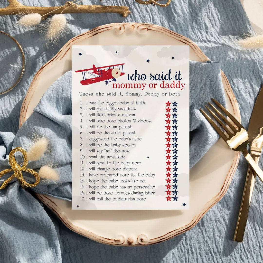 Airplane Mommy or Daddy Baby Shower Game - 25 Pack Guess Who Activity Cards, Red and Blue Gender Reveal, Printed 5x7 Set