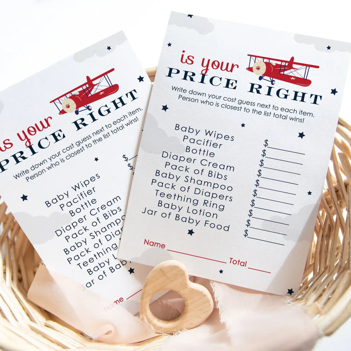 Airplane Guess the Price Baby Shower Games – 25 Guests, Adventure Themed Activities for Boys, Red and Blue 4x6 Card Set