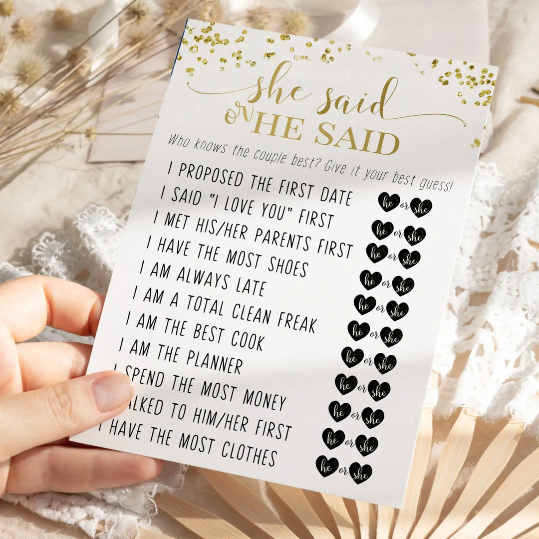 Black and Gold Bridal Shower Games - 25 Cards - He Said She Said Bridal Shower Game, What Did the Bride and Groom Say Guess Who Wedding Activity - Engagement, Rehearsal Dinner, Modern Design