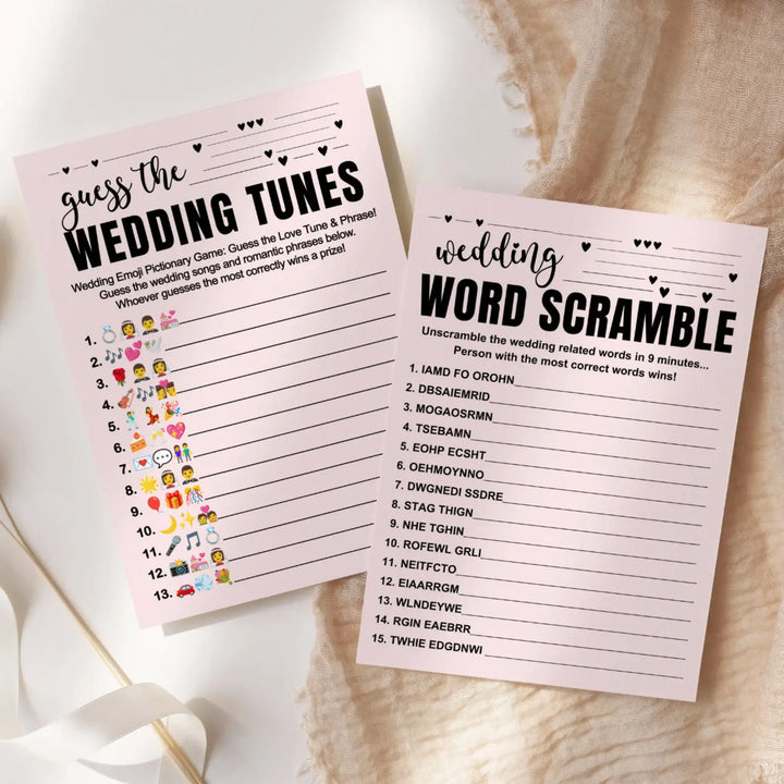 Paper Clever Party Bridal Shower Games (25 Each) Wedding Song Pictionary & Word Scramble Fun Guess Activity for Guests Engagement Party, Rehearsal Dinner, Minimalist Design Double-Sided Cards, Bundle