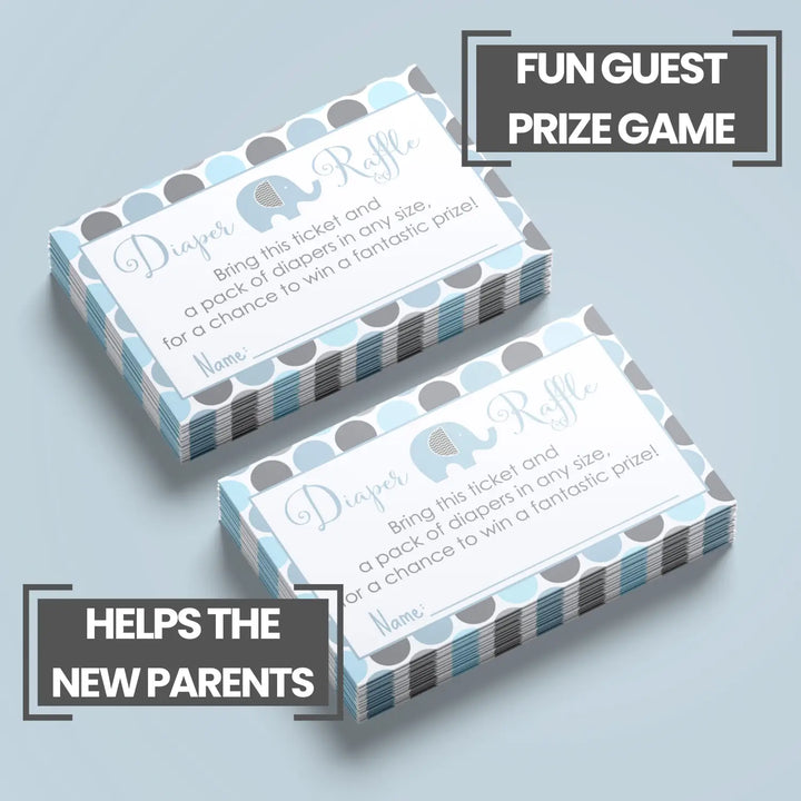 Blue Elephant Diaper Raffle Tickets - Baby Shower Game Inserts by Paper Clever Party, 25 Pack, 2x3.5