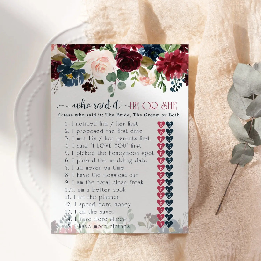 Blue Floral Bridal Shower Games - 25 Cards - He Said She Said Bridal Shower Game, What Did the Bride and Groom Say Guess Who Wedding Activity - Engagement, Rehearsal Dinner, Rustic Burgundy Design