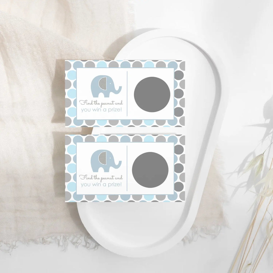 Baby Shower Games Elephant - 28 Cards - Fun Scratch Off Game Guest Activities to Reveal Prizes, Safari Favors Ideas Prince Theme Blue and Grey