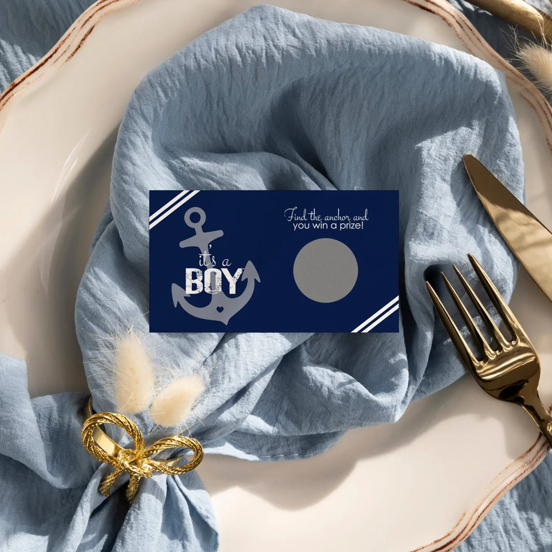 Nautical Baby Shower Games Boys - 28 Cards - Fun Scratch Off Game Guest Activities to Win Prizes Anchor Favors Blue and Grey Theme Pack Ideas