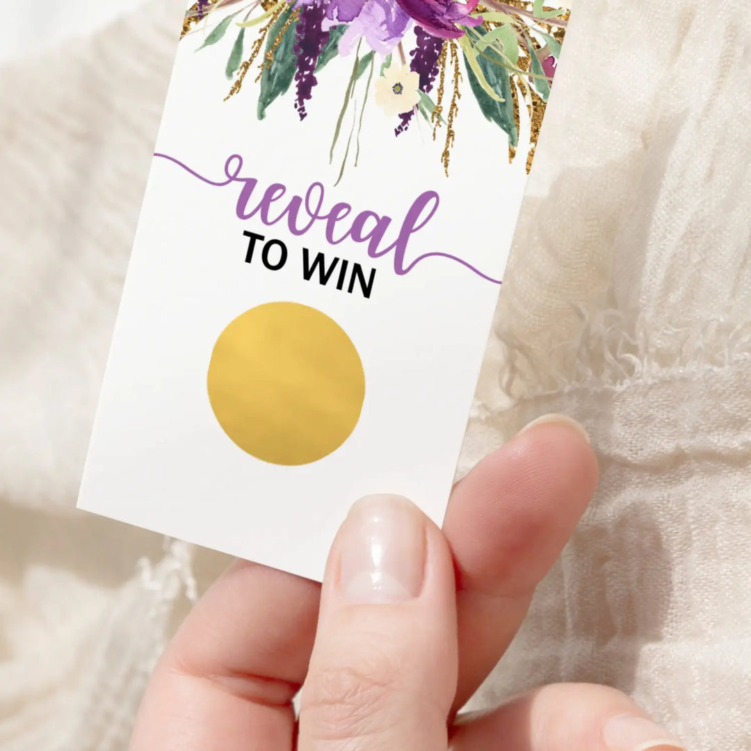 Purple Bridal Shower Games Boho - 28 Pack - Fun Scratch Off Raffle Cards Wedding Shower Game or Engagement Party Ideas, Rustic Floral Themes