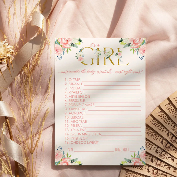 Paper Clever Party Girl Baby Shower Games Rustic - Word Scramble Cards - 25 Baby Shower Activities for Guests Prizes, Boho Floral Theme Pink and Gold Favors, Pack