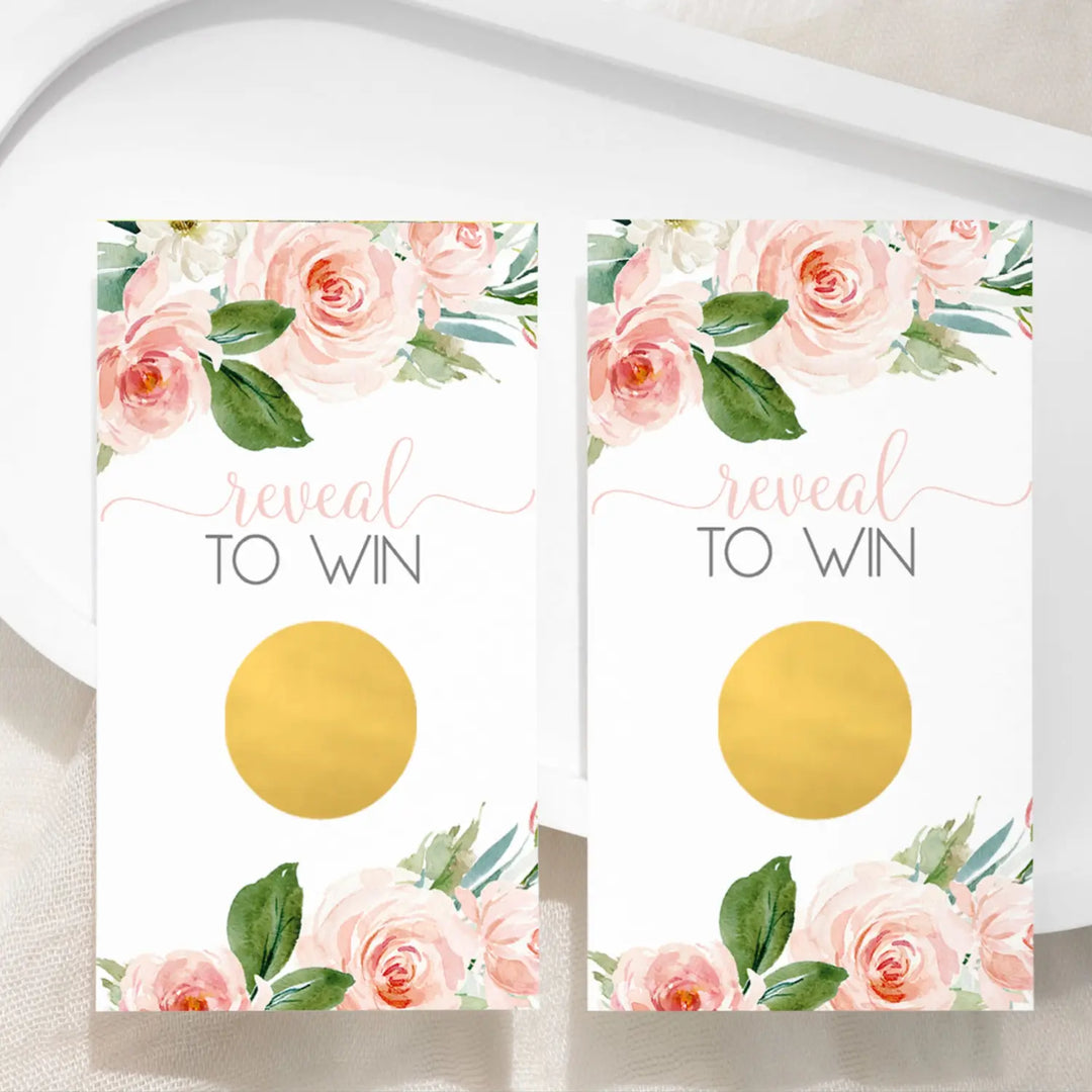 Graceful Floral Bridal Shower Scratch Off Games - 30 Cards - Fun Wedding Shower Game or Engagement Party Ideas, Rustic Greenery with Blush and Gold Themes