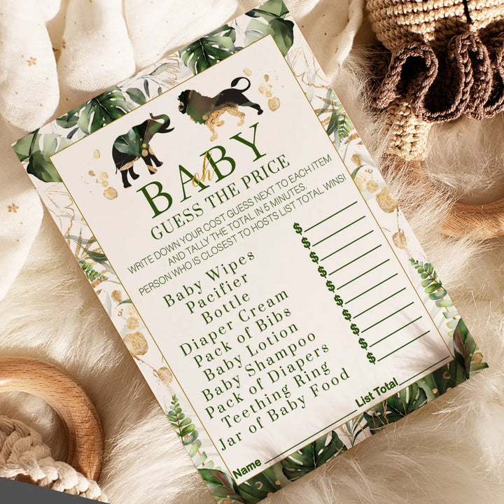 Green and Gold Guess the Price Baby Shower Games – 25 Guests, Tropical Jungle Themed Ideas, Neutral Baby Shower Activities, 5x7 Card Set