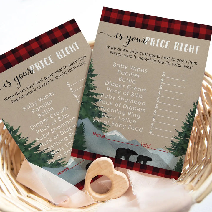 Lumberjack Guess the Price Baby Shower Games – 25 Guests, Rustic Bear Themed Activities for Boys, Red and Black Plaid 4x6 Card Set