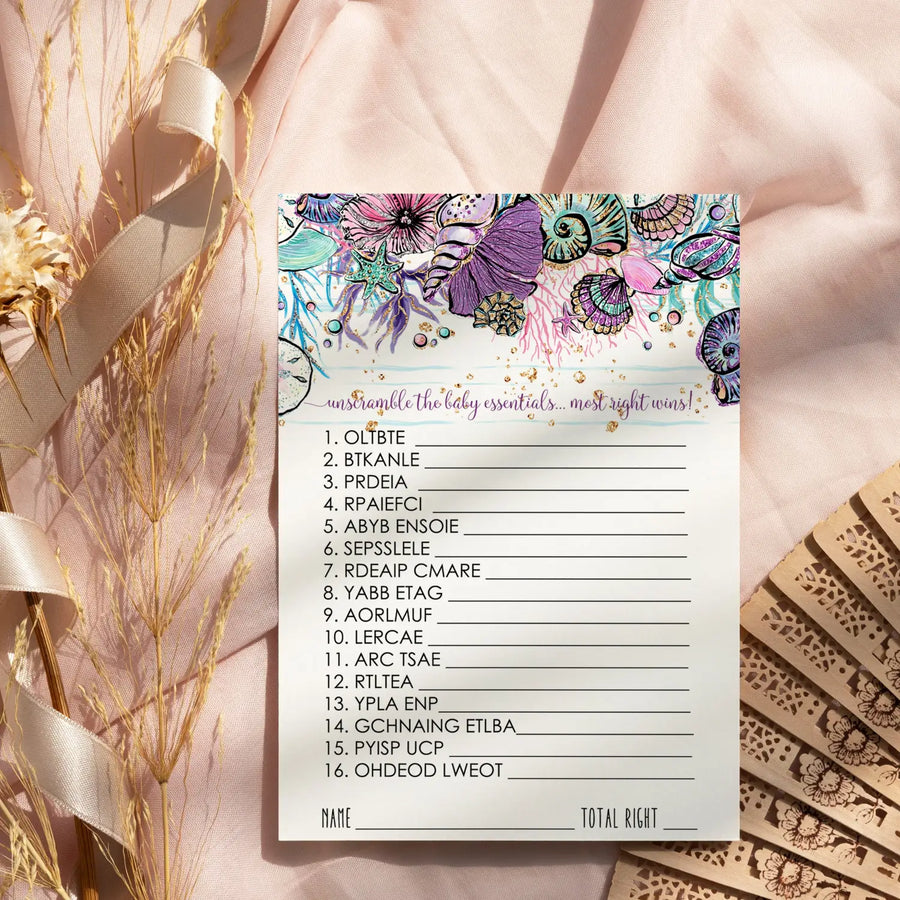 Enchanting seashells baby shower games word scramble - party
