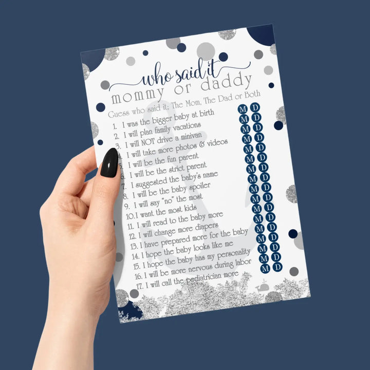 Nautical Mommy or Daddy Baby Shower Game - 25 Pack Guess Which Parent Activity Cards, Ahoy Anchor Themed Blue and Grey Favors, Printed 5x7 Set