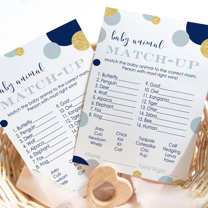 Navy and Gold Baby Shower Animal Matching Game Card (25 Pack)