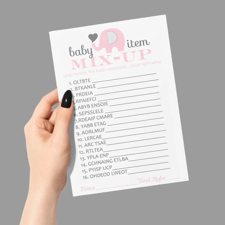 Pink Elephant Baby Shower Word Scramble Game - 25 Pack, Cute Guest Party Game Ideas, Unique Favors and Unscramble Activity