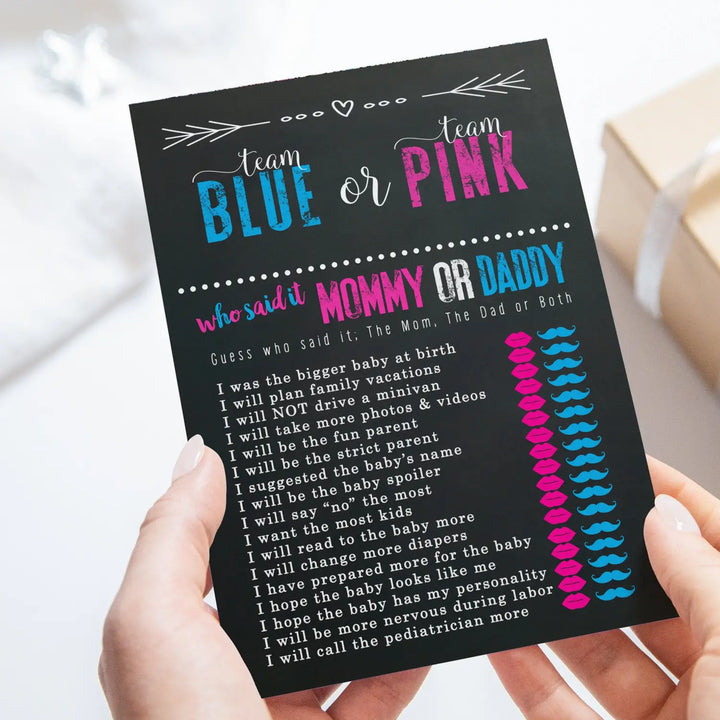 Gender Reveal Mommy or Daddy Game - 25 Pack Guess Who Activity Cards for Boys and Girls, Pink and Blue Themed, 5x7 Set