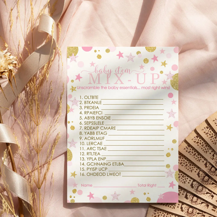 Twinkle Little Star Girl Baby Shower Games - Word Scramble Activities for Guests, Pink and Gold Celestial Decorations, 25 Cards