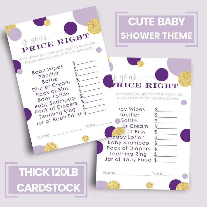 Purple and Gold Guess the Price Baby Shower Games – 25 Guests, Modern Mermaid Themed Activities for Girls, Prince or Princess 4x6 Card Set