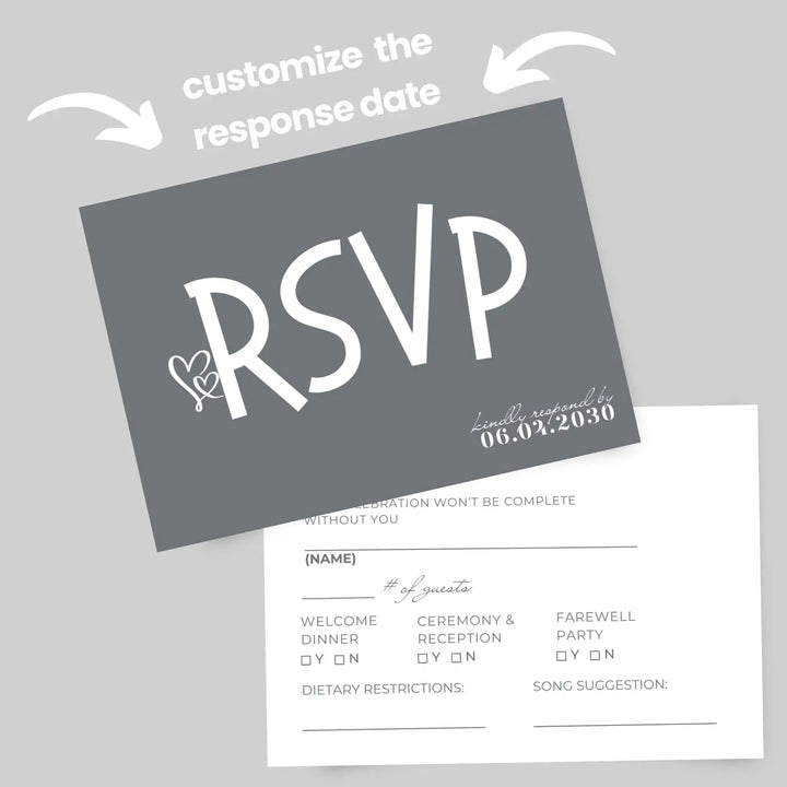 Custom Minimalist White RSVP Cards with Elegant Slate Grey Calligraphy - Premium Card Stock, 4x6 Inch Size