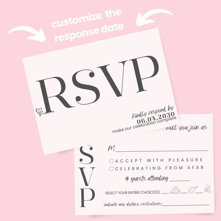 Custom Peony Pink and Black RSVP Cards - Premium 120lb Cardstock, Elegant Calligraphy, 4x6 Inch Size, Personalized Dates & Names, Includes Food Choices