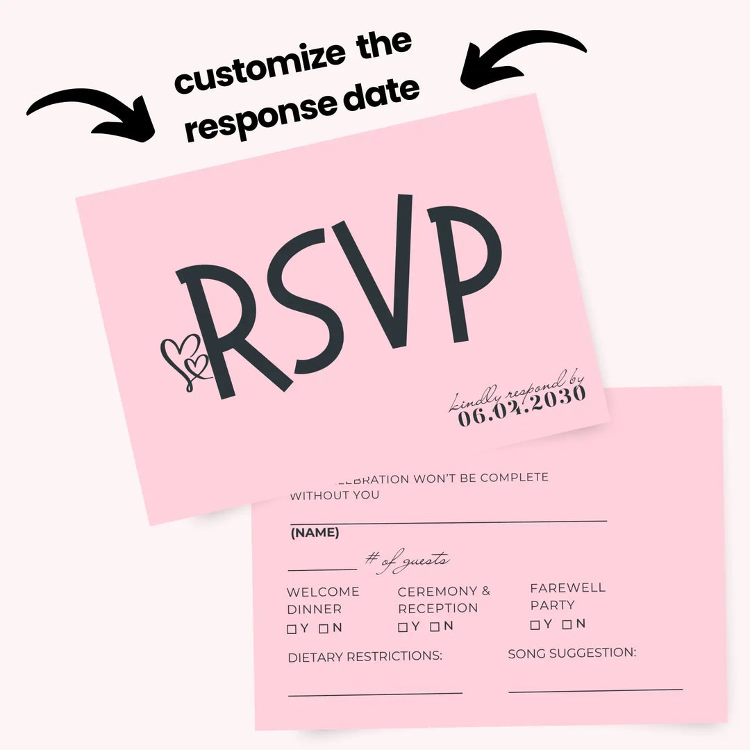 Custom Pink RSVP Cards with Elegant Black Calligraphy - Premium Card Stock, 4x6 Inch Size