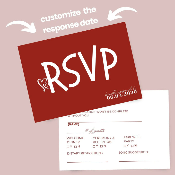 Custom Retro Red RSVP Cards with Elegant White Calligraphy - Premium Card Stock, 4x6 Inch Size