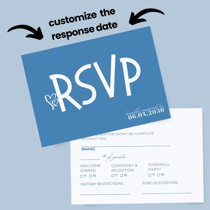 Custom Denim Blue RSVP Cards with Elegant White Calligraphy - Premium Card Stock, 4x6 Inch Size