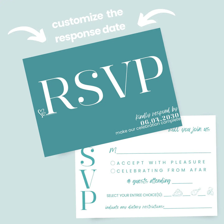 Custom RSVP Cards for Wedding Receptions, Any Occasion Response Cards, Teal