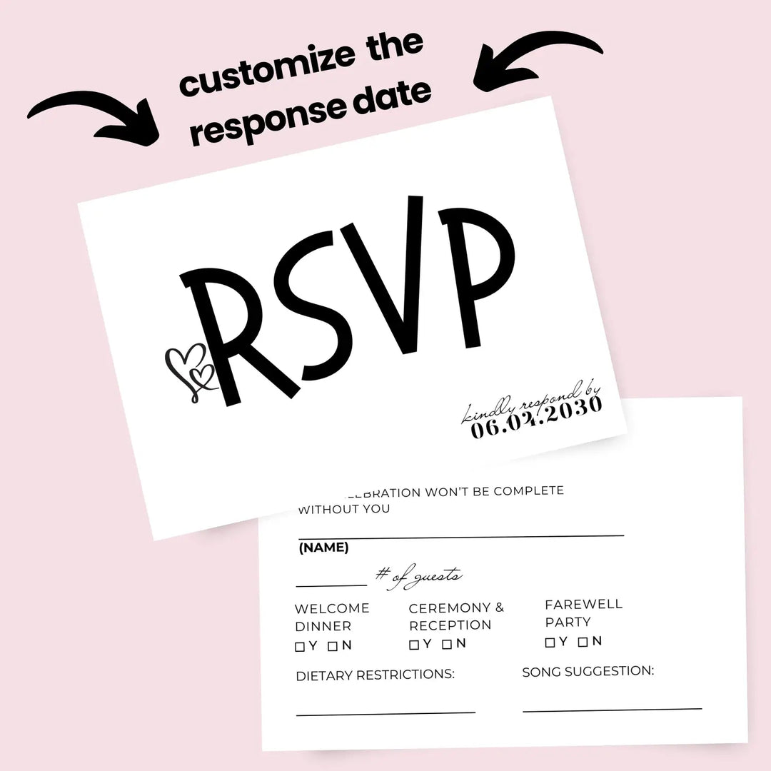 Custom Black and White RSVP Cards - Premium 120lb Cardstock, Elegant Calligraphy, 4x6 Inch Size, Personalized Dates & Names, Includes Event Details