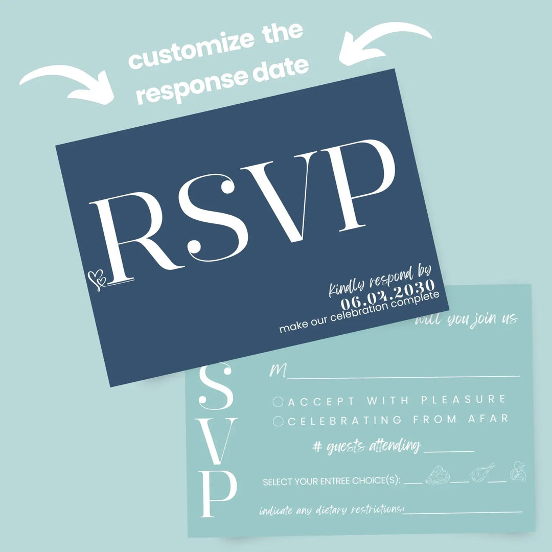 Custom RSVP Cards for Wedding Invitations - Navy Blue and Sea Glass - Response Insert Cards with Food Choice