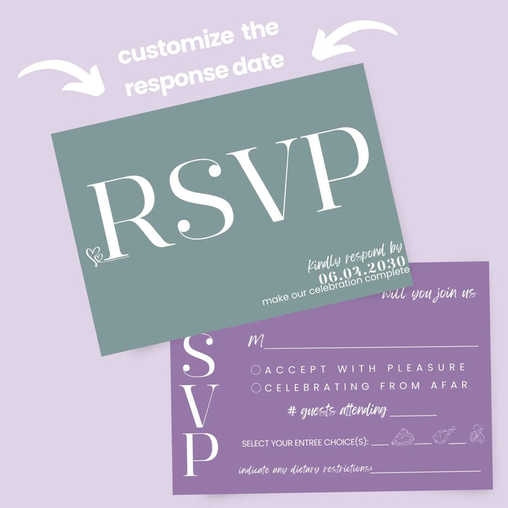 Custom Purple and Sage RSVP Cards - Premium 120lb Cardstock, Elegant Calligraphy, 4x6 Inch Size, Personalized Dates & Names