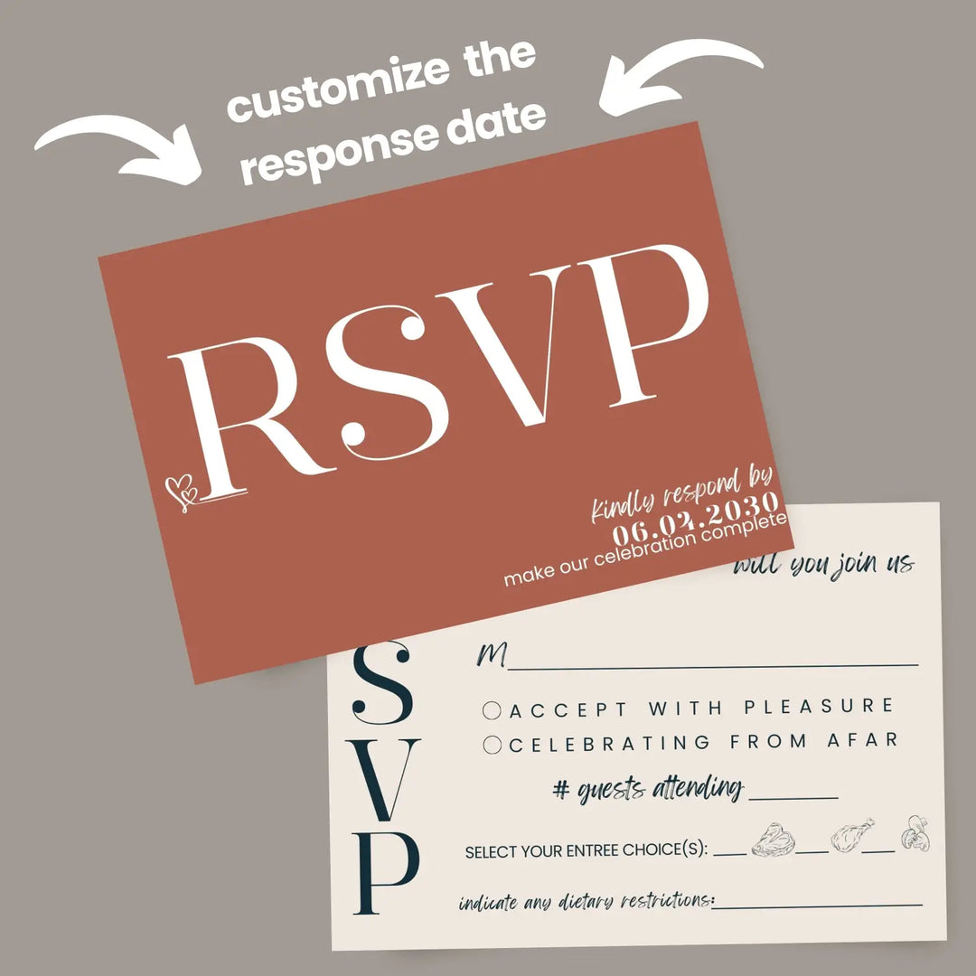 Custom Tuscan Sunset RSVP Cards - Cream and Black, Premium 120lb Cardstock, Elegant Calligraphy, 4x6 Inch Size, Personalized Dates & Names, Includes Food Choices